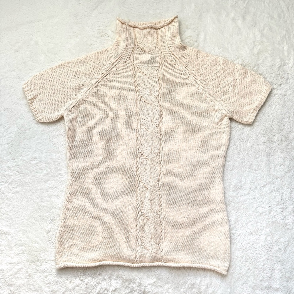 LL Bean Shirt Women Medium Ivory Cable Knit 100% Cotton Turtle Neck Casual